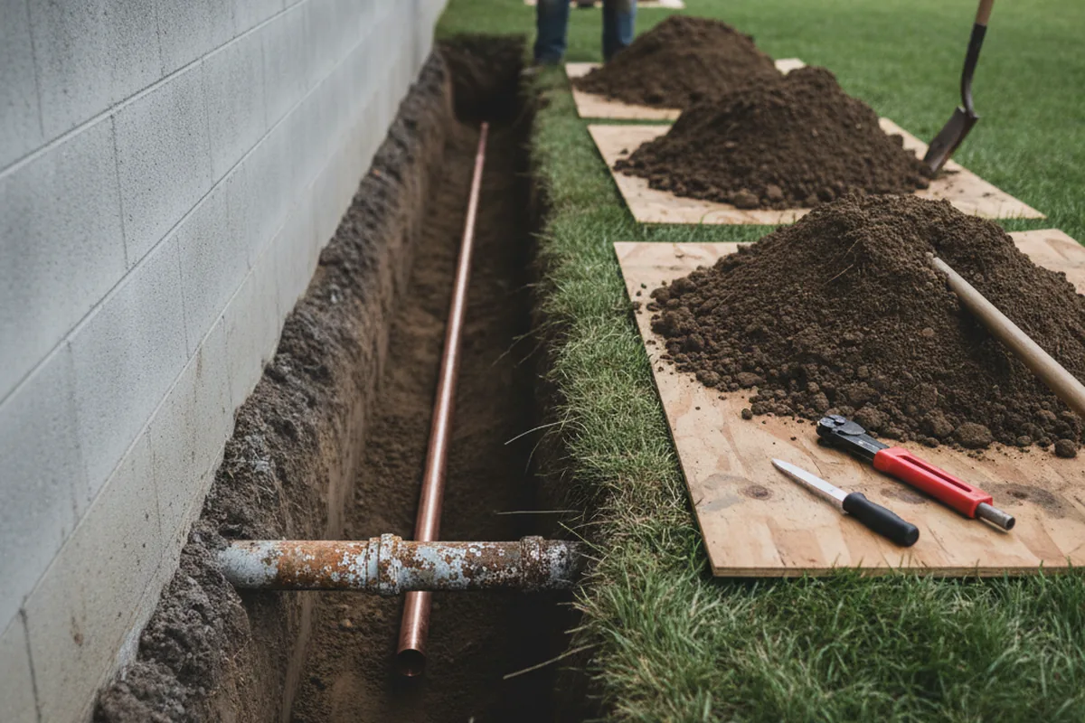 Excavated water line trench during Water Softener Installation in Mammoth